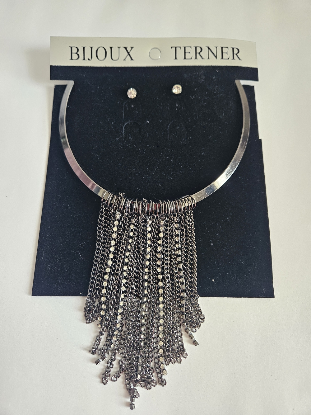 Bijoux Terner Gunmetal Fringe Collar Necklace with Stud Earrings
